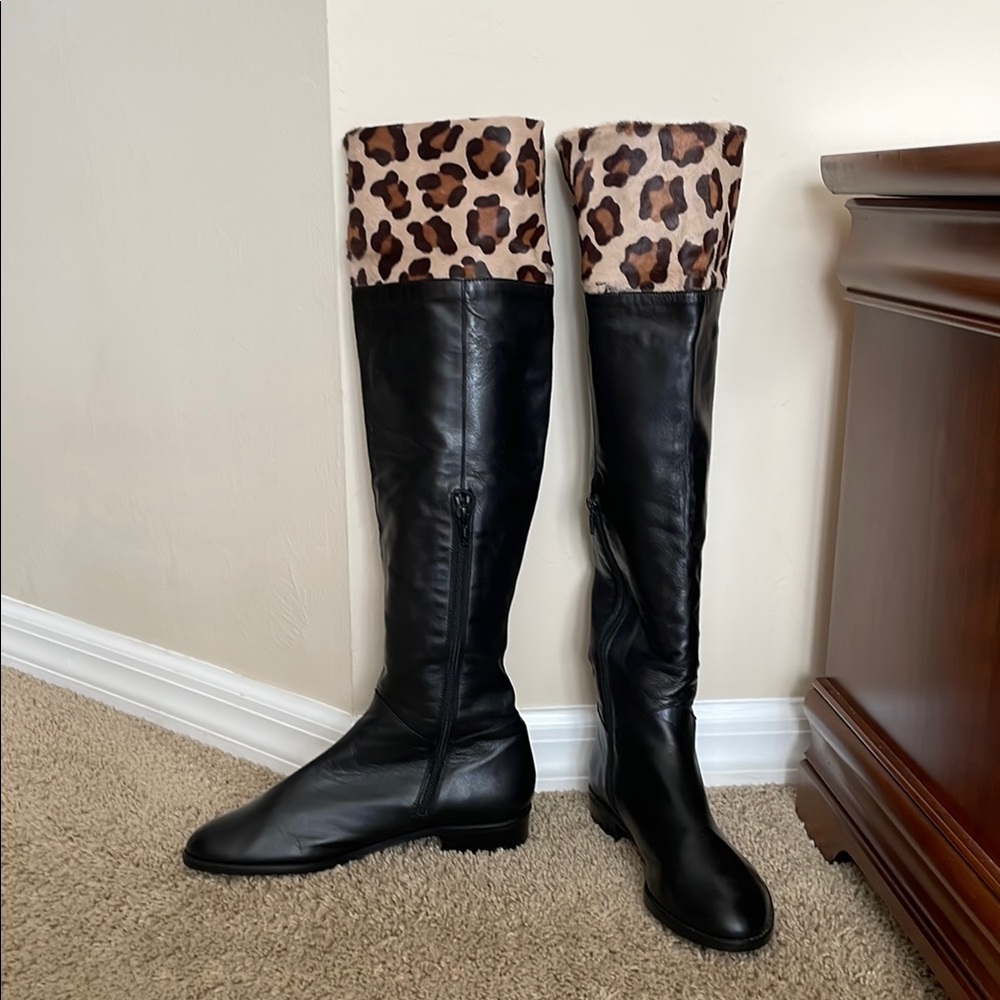 Stuart Weitzman Leather OVK Boots with Leopard Calf Hair Print Cuff US 75 EC
